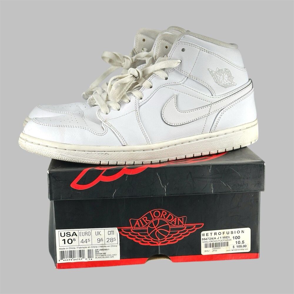 Air Jordan 1 Mid White On White 554724-100 Mens Size 10.5 Shoes Basketball